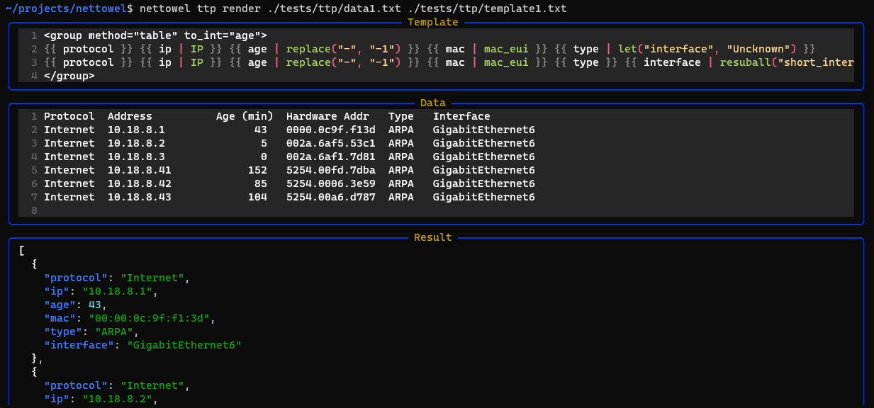 convert cli output to structered text with nettowel