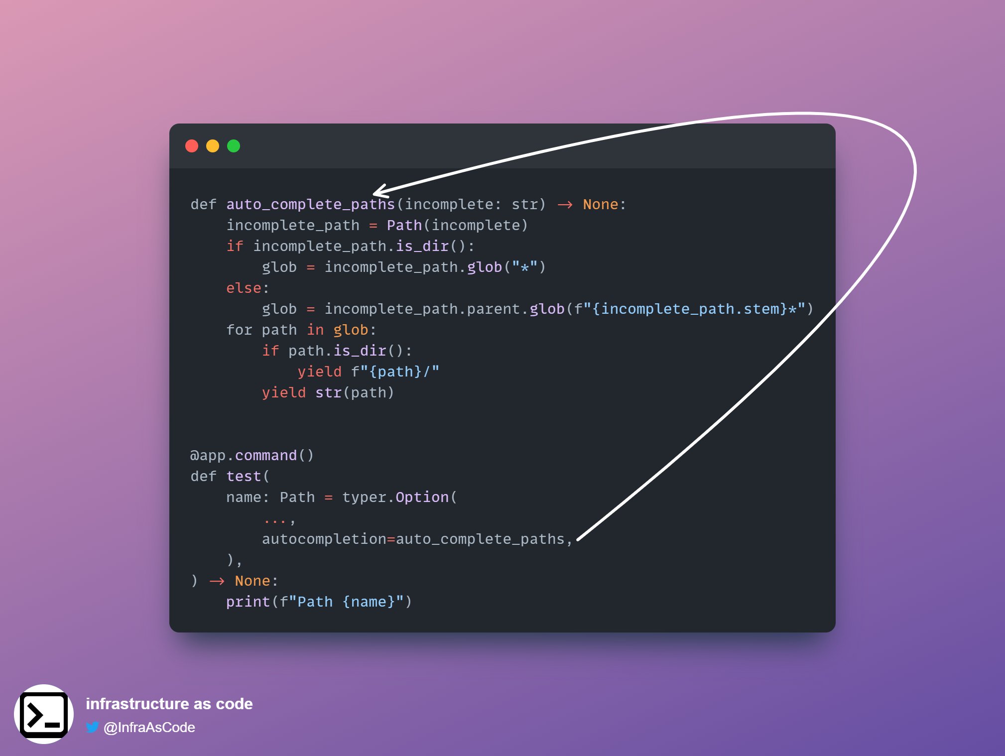 code sample with auto-complete for typer